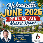 Nolensville June 2026 Real Estate Market Report graphic featuring summer homes, neighborhood imagery, Flint Adam headshot, and Beacon Real Estate logo